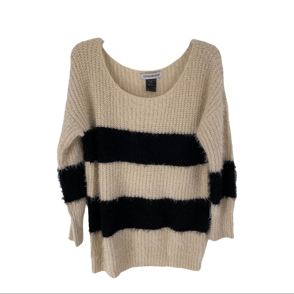 Cotton Emporium Fuzzy Cream & Black Stripe Crew Neck Sweater - Sz L